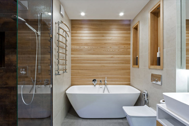 Дизайн ванной комнаты дерево бетон