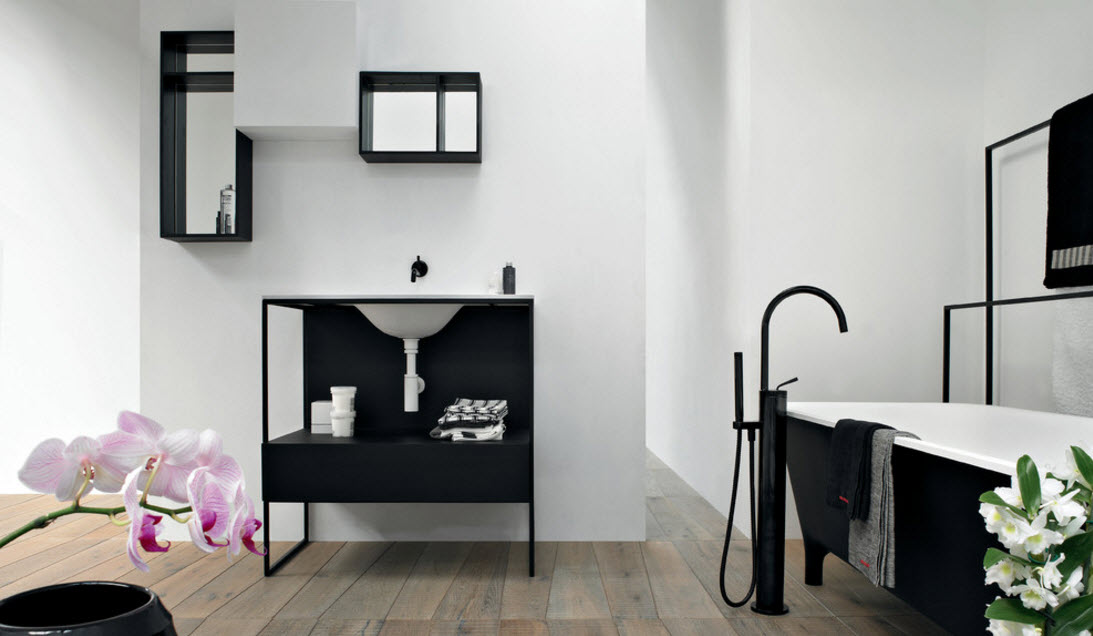 Дизайн черно-белой ванной комнаты 40 фото сочетание с красным в интерьере варианты в черном цвете ванна в темных тонах в стиле лофт
