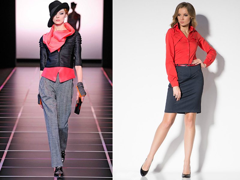 Сочетание красного и синего в одежде у женщин фото