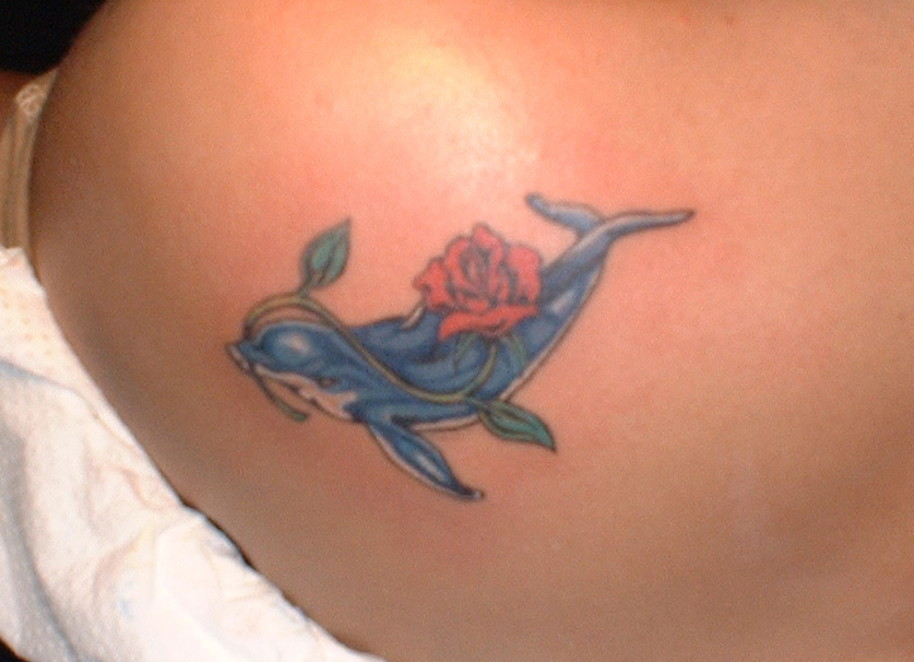 Девушка с татуировкой дельфина на груди (44 фото)